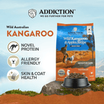 Discover Addiction's Wild Kangaroo & Apples dry dog food. Made with real kangaroo meat, it's high in protein, low in fat, and packed with antioxidants. Grain-free and enriched with coconut oil, it supports your dog's health and vitality. Try it today!