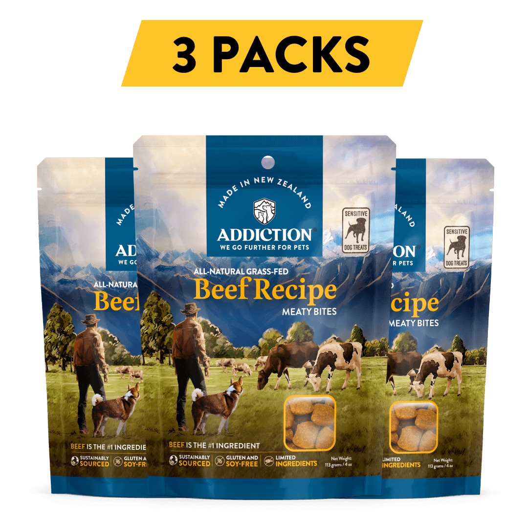 Treat your dog to the rich and flavorful Addiction Meaty Bites Beef Recipe dog treats. Made with premium grass-fed New Zealand Beef, these hypoallergenic treats are ideal for dogs with sensitivities and perfect for training or rewarding positive behavior. Give your dog a delicious and healthy indulgence they won't be able to resist.
