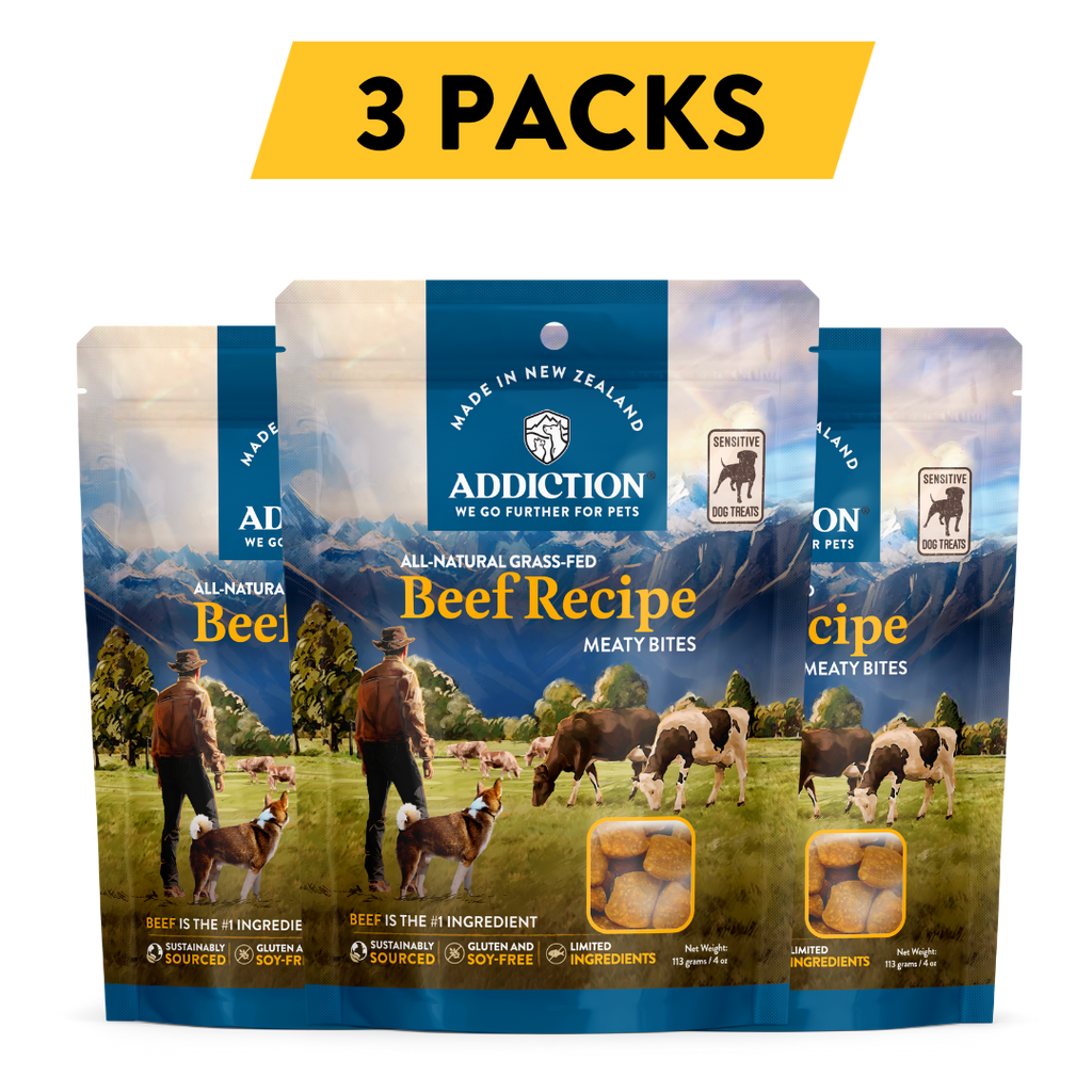 Treat your dog to the rich and flavorful Addiction Meaty Bites Beef Recipe dog treats. Made with premium grass-fed New Zealand Beef, these hypoallergenic treats are ideal for dogs with sensitivities and perfect for training or rewarding positive behavior. Give your dog a delicious and healthy indulgence they won't be able to resist.