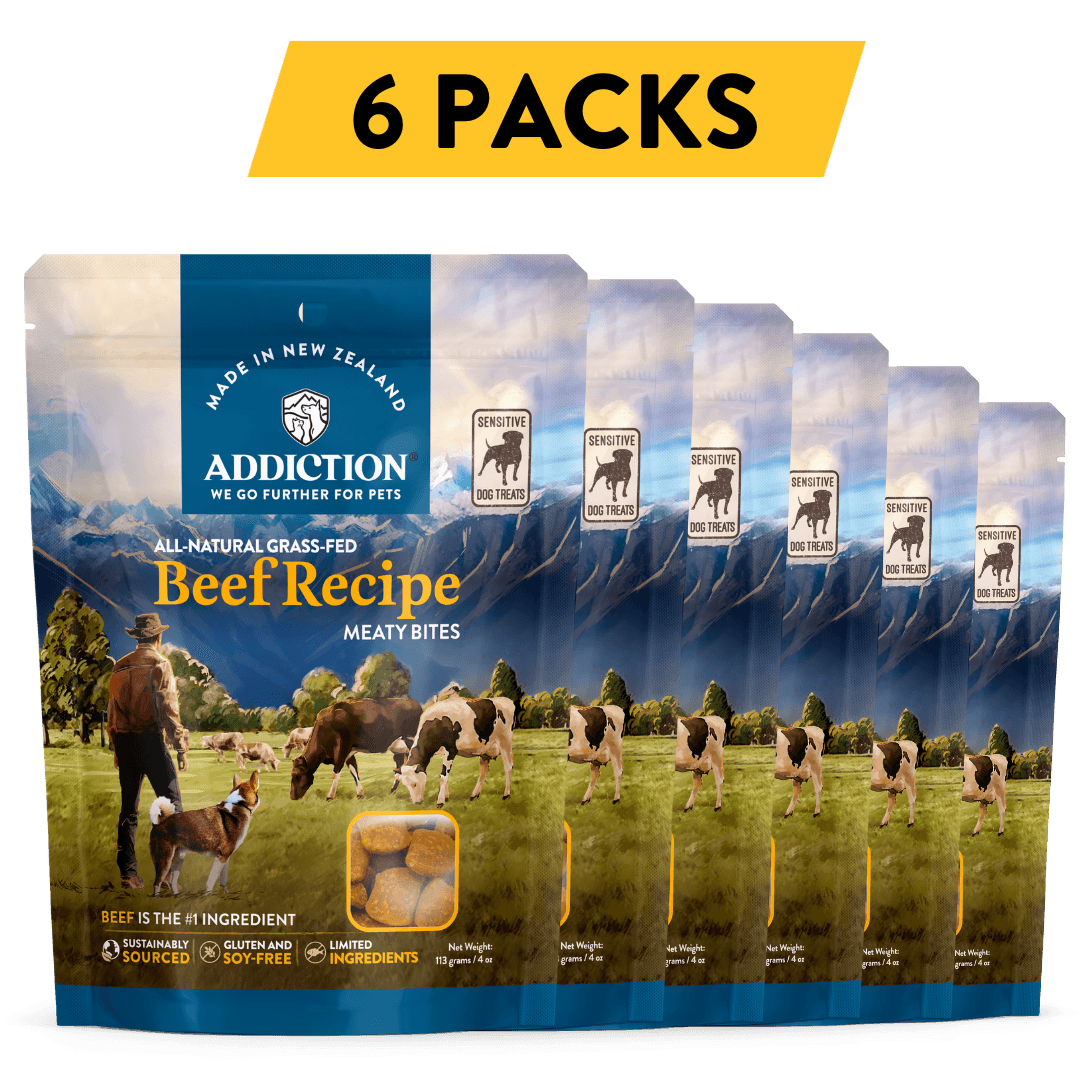 Treat your dog to the rich and flavorful Addiction Meaty Bites Beef Recipe dog treats. Made with premium grass-fed New Zealand Beef, these hypoallergenic treats are ideal for dogs with sensitivities and perfect for training or rewarding positive behavior. Give your dog a delicious and healthy indulgence they won't be able to resist.