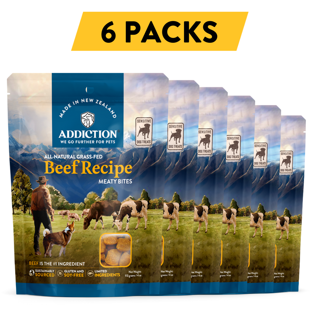 Treat your dog to the rich and flavorful Addiction Meaty Bites Beef Recipe dog treats. Made with premium grass-fed New Zealand Beef, these hypoallergenic treats are ideal for dogs with sensitivities and perfect for training or rewarding positive behavior. Give your dog a delicious and healthy indulgence they won't be able to resist.