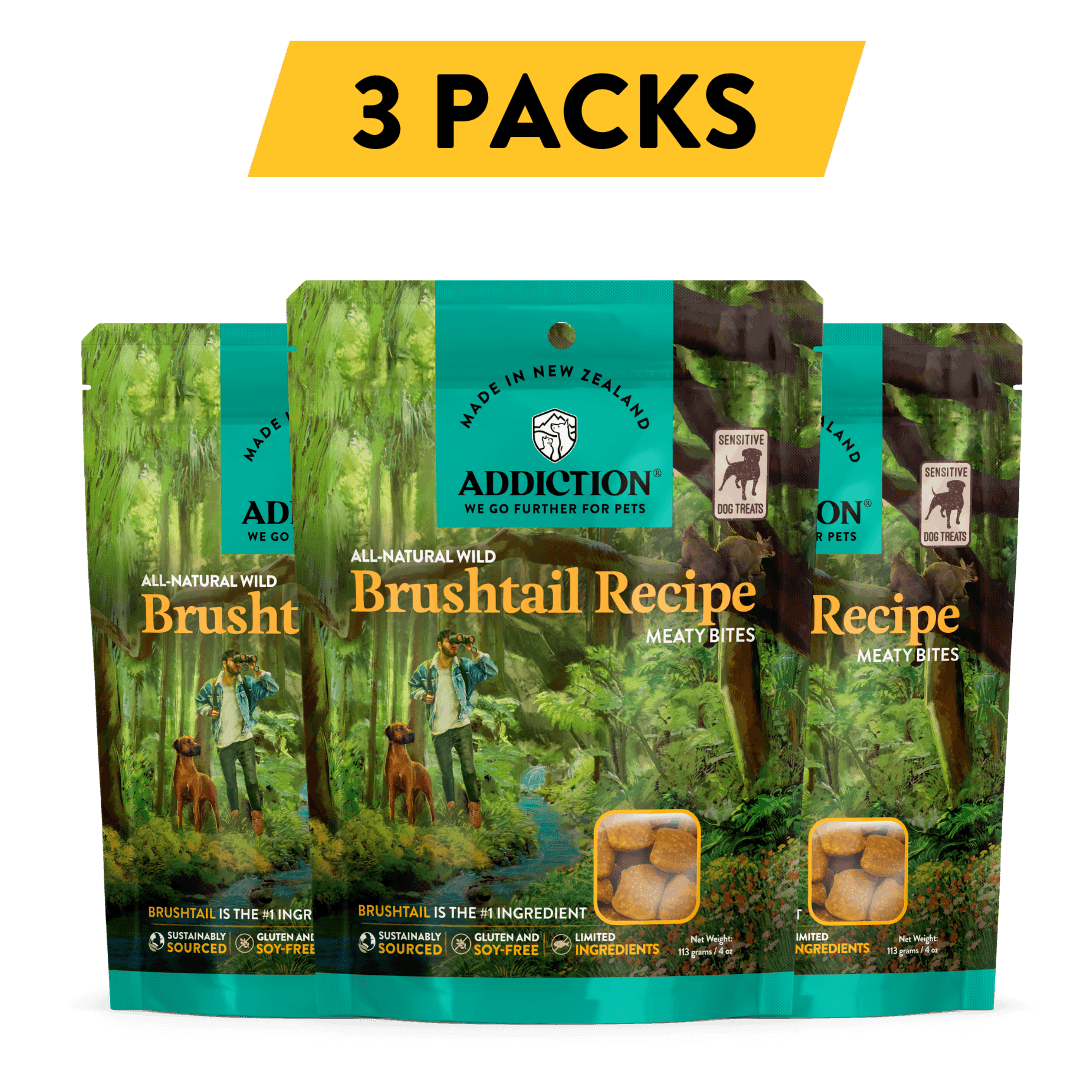 Treat your dog to Addiction Meaty Bites Brushtail Recipe, a hypoallergenic and nutritious dog treat made with wild New Zealand Brushtail. These soft and moist treats are rich in omega fatty acids and free from fillers, providing your dog with a healthy and delicious reward. Discover pet food's best-kept secret and indulge your canine companion with the taste of Addiction.