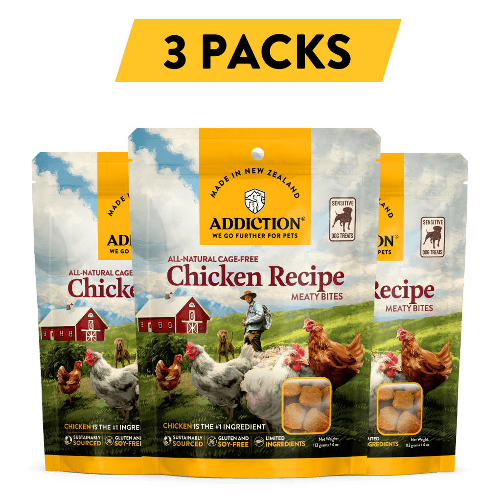 Treat your dog to the mouthwatering Addiction Meaty Bites Chicken Recipe, a hypoallergenic and delicious dog treat made with cage-free New Zealand Chicken. These moist and tender treats are perfect for training or rewarding your canine companion. Discover the natural goodness and quality of Addiction, and pamper your furry friend with the best.