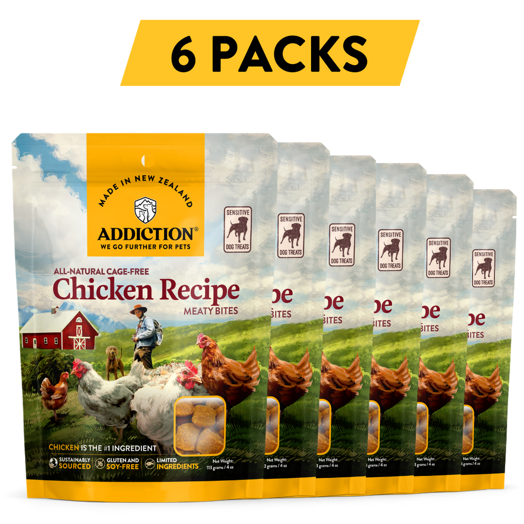 Treat your dog to the mouthwatering Addiction Meaty Bites Chicken Recipe, a hypoallergenic and delicious dog treat made with cage-free New Zealand Chicken. These moist and tender treats are perfect for training or rewarding your canine companion. Discover the natural goodness and quality of Addiction, and pamper your furry friend with the best.