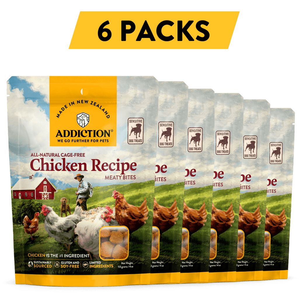 Treat your dog to the mouthwatering Addiction Meaty Bites Chicken Recipe, a hypoallergenic and delicious dog treat made with cage-free New Zealand Chicken. These moist and tender treats are perfect for training or rewarding your canine companion. Discover the natural goodness and quality of Addiction, and pamper your furry friend with the best.