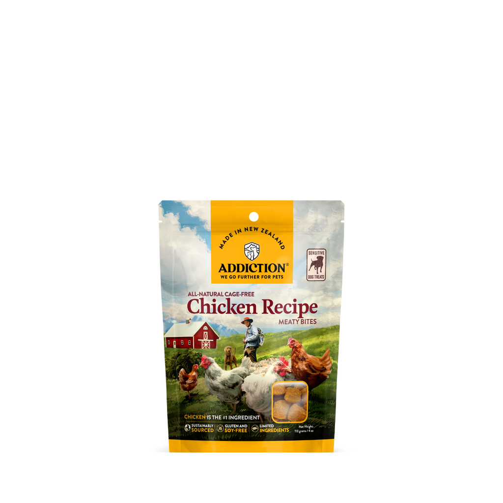 Treat your dog to the mouthwatering Addiction Meaty Bites Chicken Recipe, a hypoallergenic and delicious dog treat made with cage-free New Zealand Chicken. These moist and tender treats are perfect for training or rewarding your canine companion. Discover the natural goodness and quality of Addiction, and pamper your furry friend with the best.