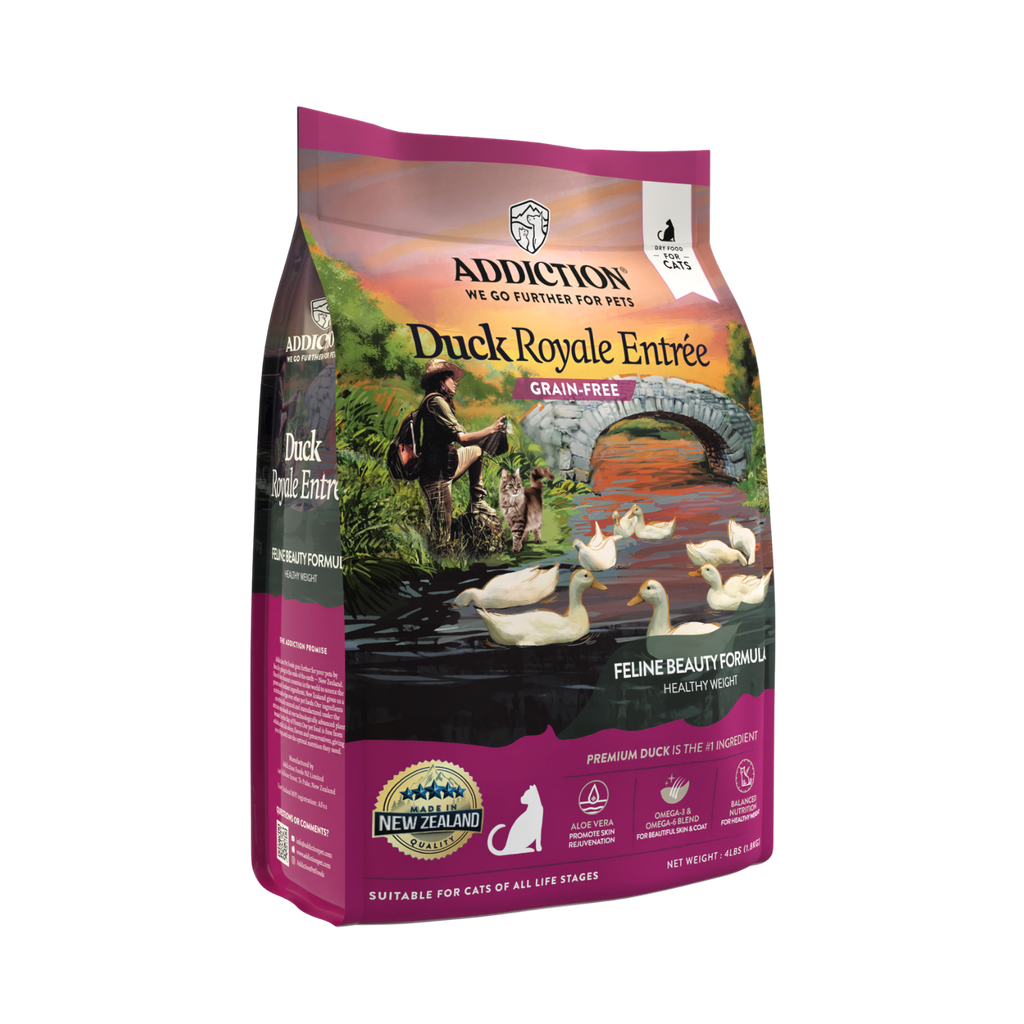 Unleash your cat's inner beauty with Addiction Duck Royale Dry Cat Food. Crafted with New Zealand Duck and Aloe Vera, this holistic formula promotes shiny coats and supple skin. It's a complete and balanced meal with enhanced nutrient absorption, proudly made in New Zealand. Elevate your cat's natural radiance today.