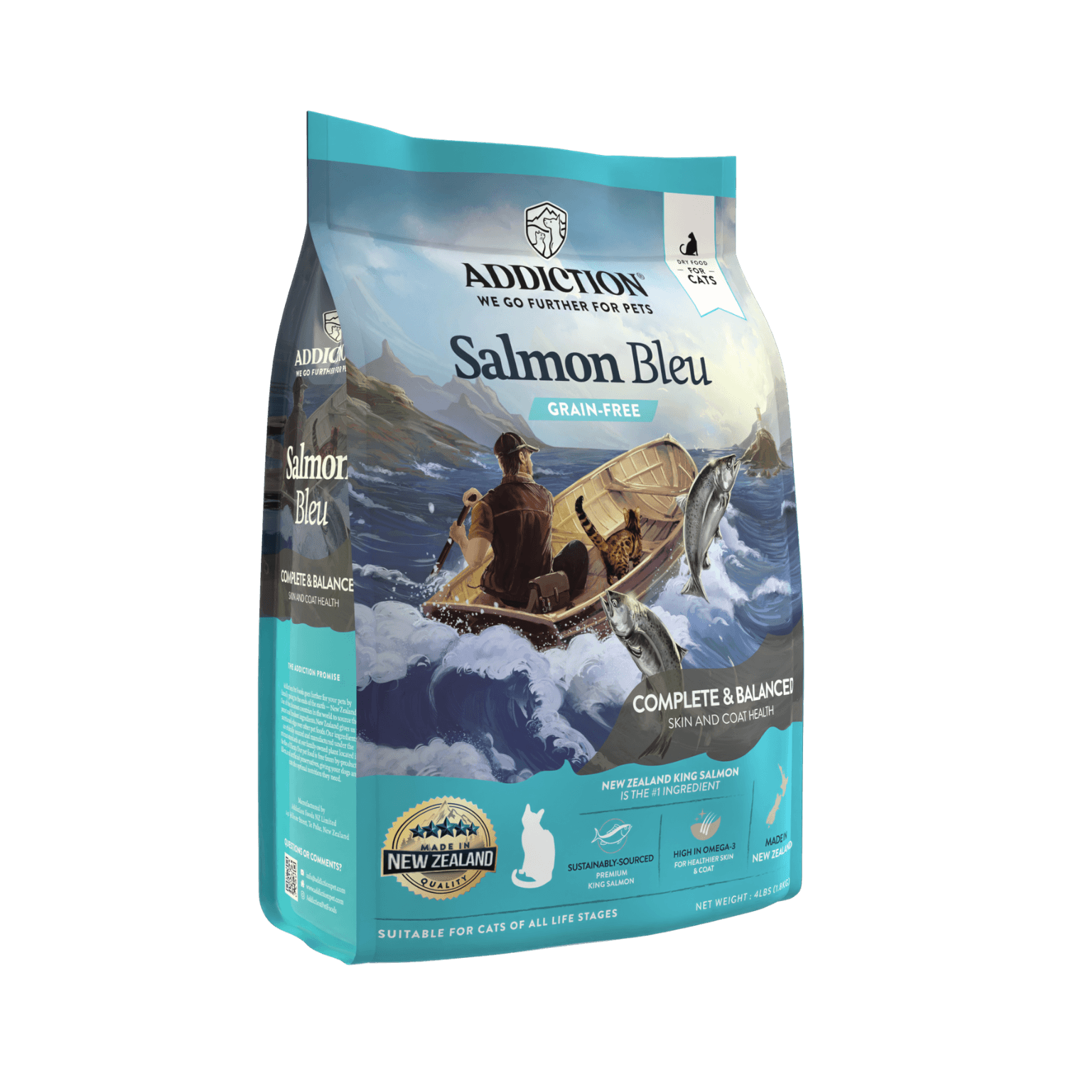Elevate your cat's dining experience with Addiction Salmon Bleu Dry Cat Food. Crafted with New Zealand King Salmon and enriched with wholesome ingredients, antioxidants, probiotics, and fish oil, this formula promotes a healthy and vibrant feline life. Free from unwanted additives, it's a responsible choice for your pet and the environment.