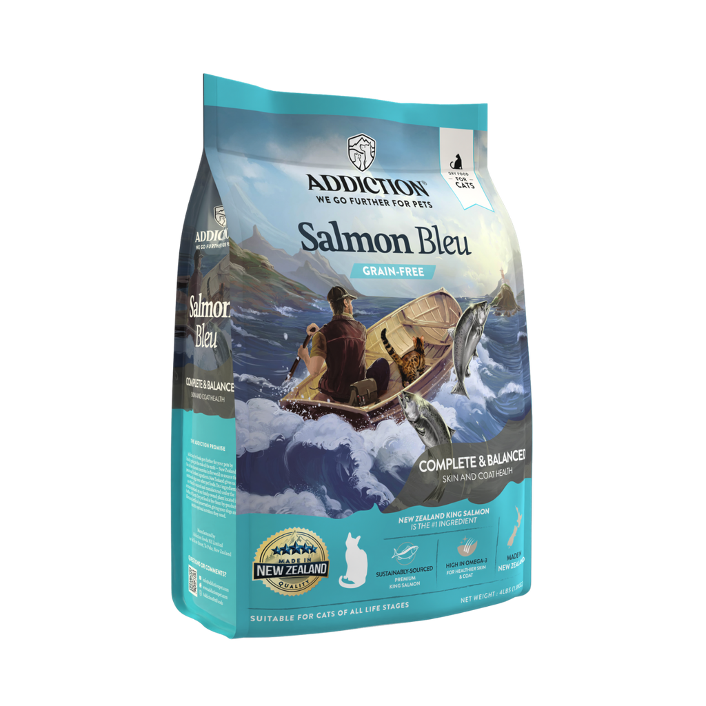 Elevate your cat's dining experience with Addiction Salmon Bleu Dry Cat Food. Crafted with New Zealand King Salmon and enriched with wholesome ingredients, antioxidants, probiotics, and fish oil, this formula promotes a healthy and vibrant feline life. Free from unwanted additives, it's a responsible choice for your pet and the environment.