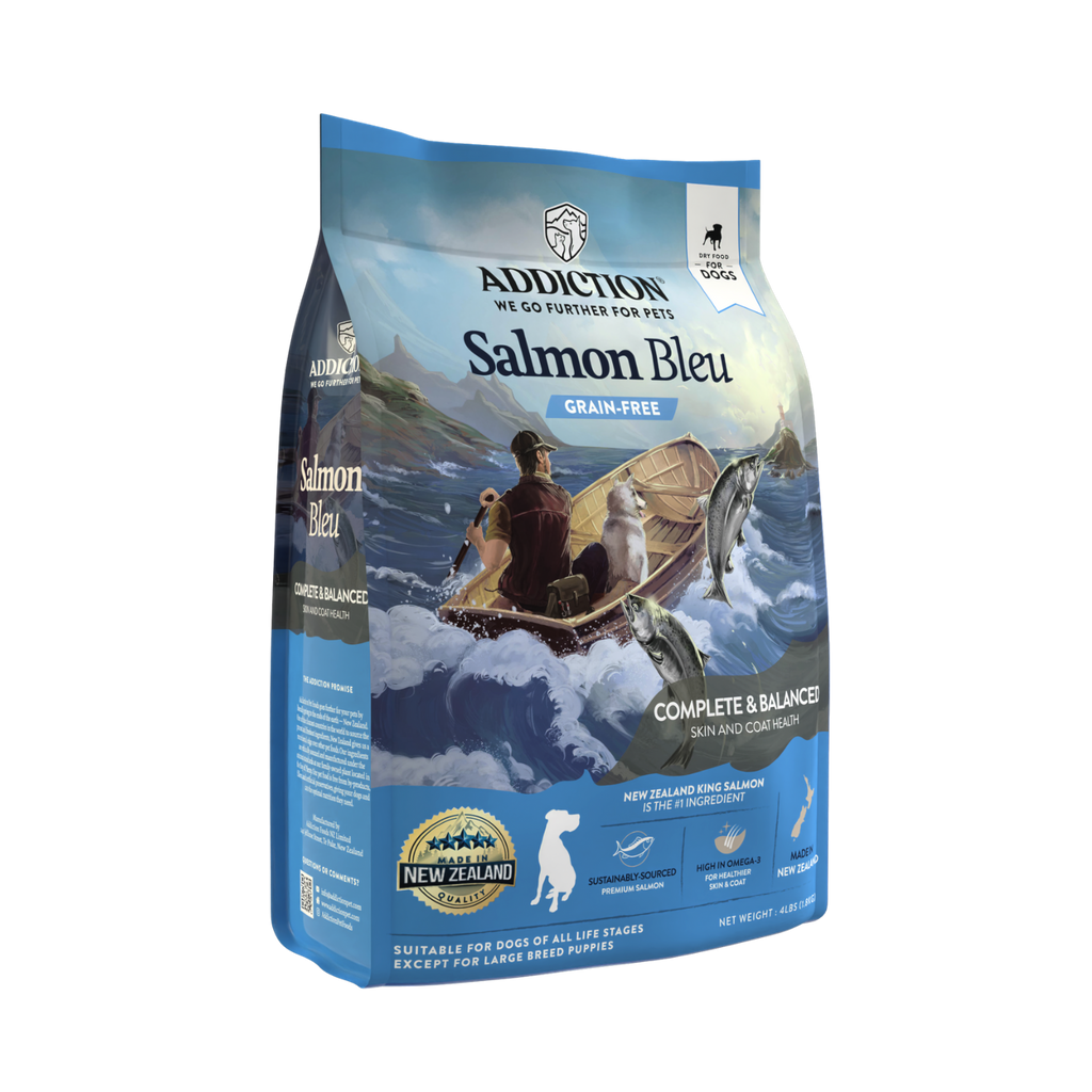 Choose the premium quality of Addiction Salmon Bleu Dry Dog Food for your furry friend. Crafted with New Zealand King Salmon and enriched with wholesome ingredients, antioxidants, probiotics, and fish oil, this formula promotes a healthy lifestyle. Free from grains and fillers, it's an eco-conscious choice for your pet's well-being.