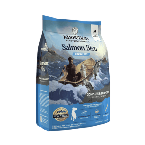 Choose the premium quality of Addiction Salmon Bleu Dry Dog Food for your furry friend. Crafted with New Zealand King Salmon and enriched with wholesome ingredients, antioxidants, probiotics, and fish oil, this formula promotes a healthy lifestyle. Free from grains and fillers, it's an eco-conscious choice for your pet's well-being.