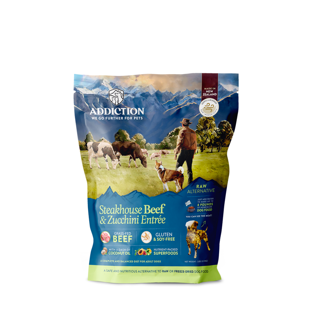 Elevate your dog's dining experience with Addiction Steakhouse Beef & Zucchini Raw Alternative Dog Food. Crafted with premium New Zealand beef and a medley of nutrient-rich ingredients, this grain-free recipe offers a gourmet steakhouse-inspired meal that promotes vitality and peak performance.