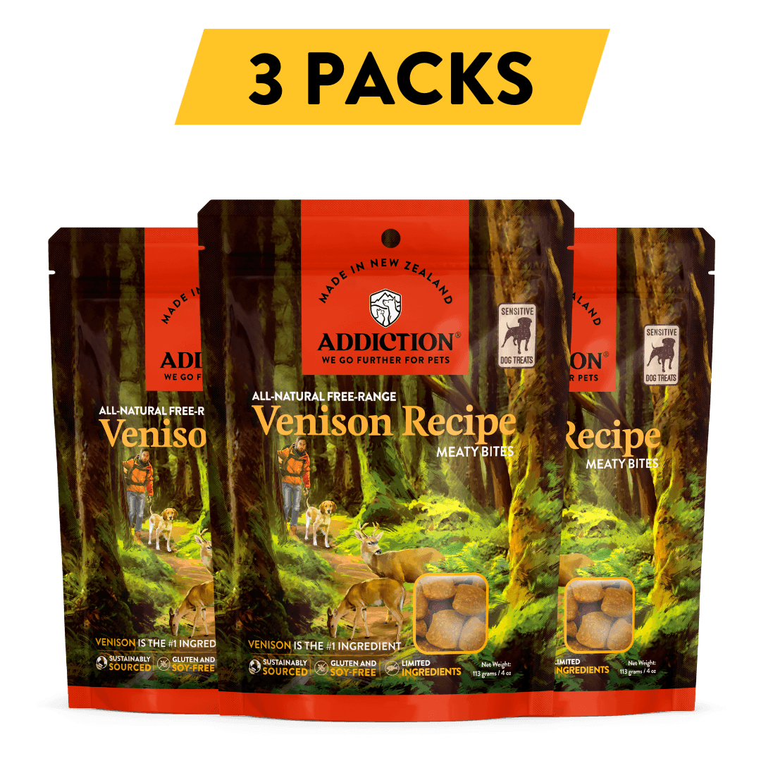 Introduce your dog to Addiction Meaty Bites Venison Recipe, a hypoallergenic and irresistible dog treat made with free-range New Zealand Venison. These moist and tender treats are perfect for training or rewarding your furry friend. Explore the natural goodness and quality of Addiction, and indulge your dog with the finest treat experience.