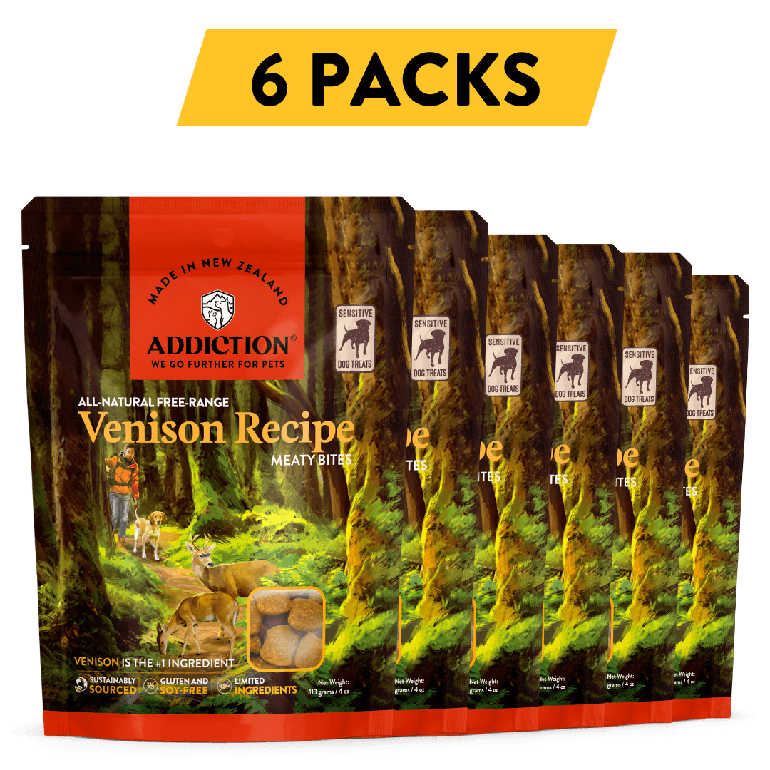 Introduce your dog to Addiction Meaty Bites Venison Recipe, a hypoallergenic and irresistible dog treat made with free-range New Zealand Venison. These moist and tender treats are perfect for training or rewarding your furry friend. Explore the natural goodness and quality of Addiction, and indulge your dog with the finest treat experience.