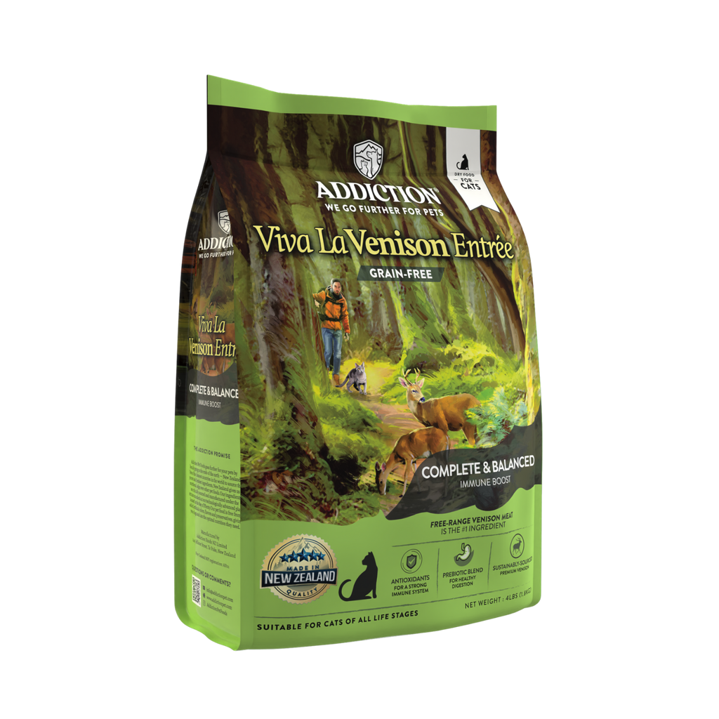 Elevate your cat's dining experience with Viva La Venison Dry Cat Food. Crafted with free-range venison from New Zealand and enriched with antioxidants, phytonutrients, and probiotics, this grain-free formula offers a holistic approach to feline nutrition. Ideal for cats with sensitivities, it's a gourmet delight suitable for all life stages. Nourish your cat's well-being today.