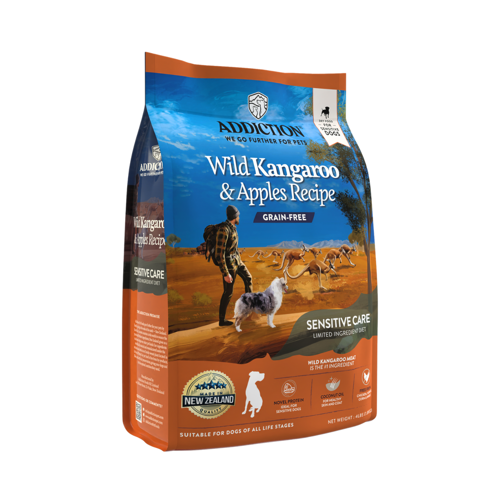 Discover Addiction's Wild Kangaroo & Apples dry dog food. Made with real kangaroo meat, it's high in protein, low in fat, and packed with antioxidants. Grain-free and enriched with coconut oil, it supports your dog's health and vitality. Try it today!