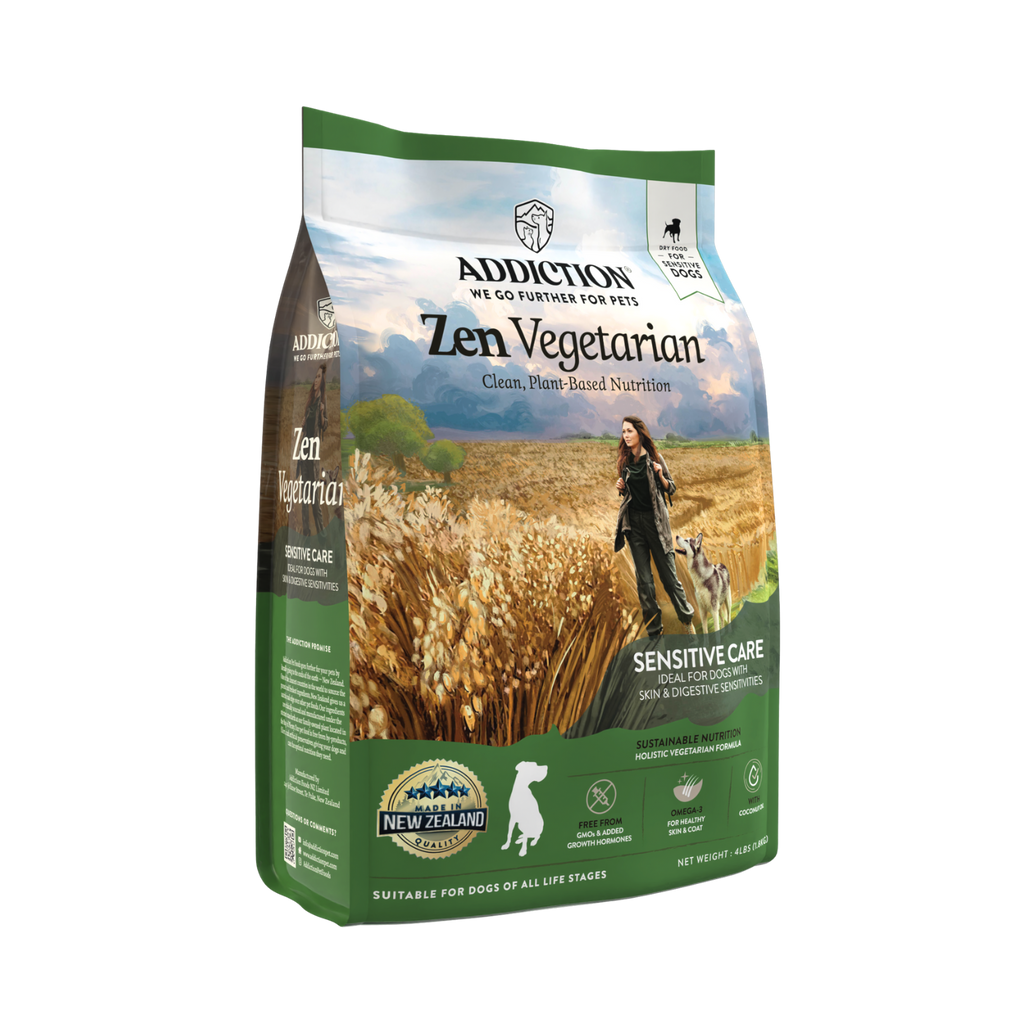 Addiction Zen Vegetarian Dry Dog Food: A vet-formulated vegan formula for wellness. Ideal for sensitive skin, no meat, no potatoes, just goodness. Trusted for over 20 years. Made in New Zealand with quality ingredients.