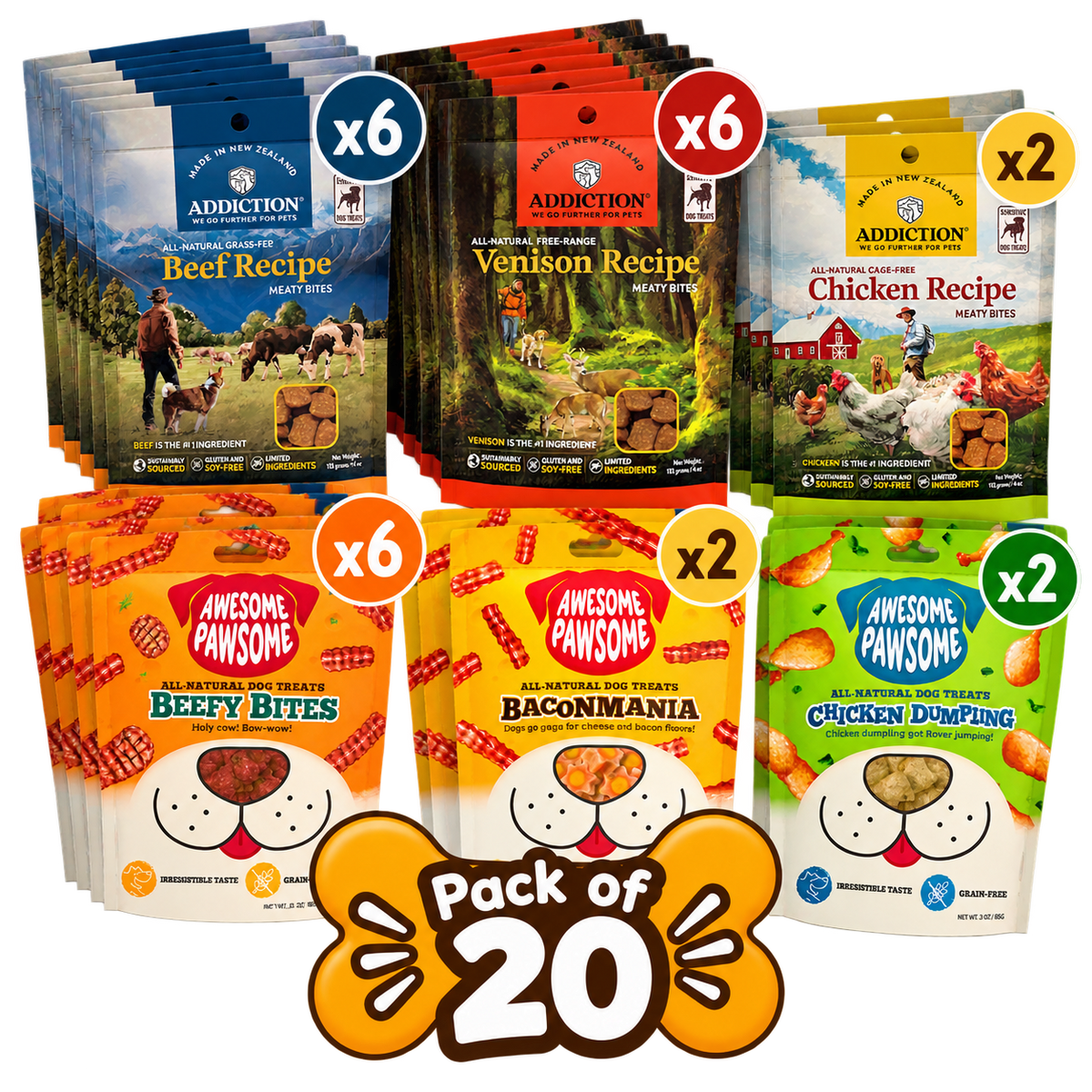 Bark Bundle – Dog Treat Variety Pack (10 or 20 Packs) - Addiction Pet Foods USA - Near Expiry Items - AP77027_6, AF70585_6, AP77010_2, AP77041_2, AF70523_2, AF71117_2