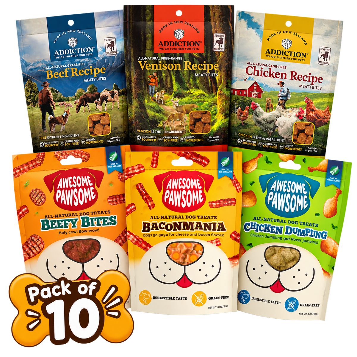 Bark Bundle – Dog Treat Variety Pack (10 or 20 Packs) - Addiction Pet Foods USA - Near Expiry Items - AP77027_3, AF70585_3, AP77010_1, AP77041_1, AF70523_1, AF71117_1