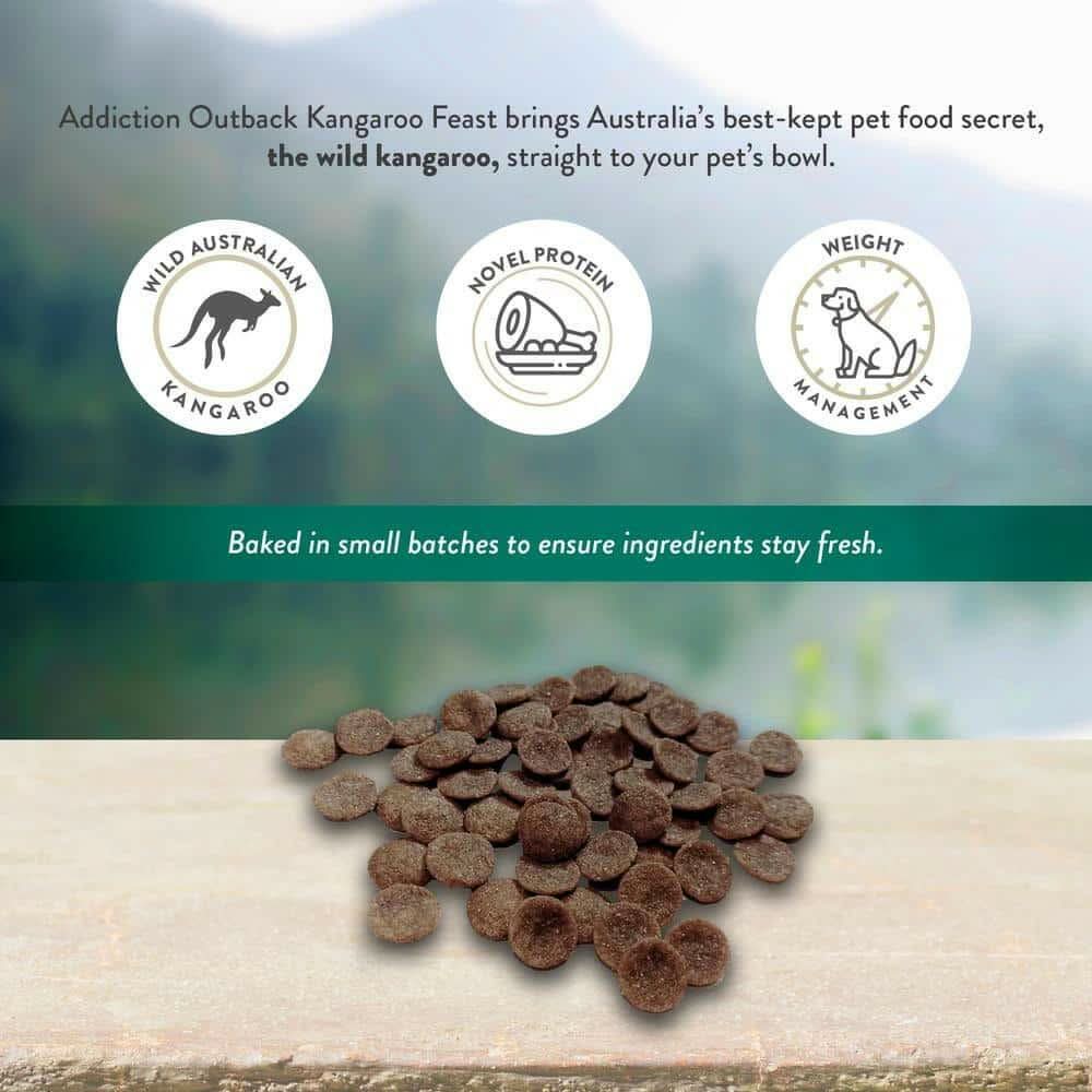 Discover Addiction's Wild Kangaroo & Apples dry dog food. Made with real kangaroo meat, it's high in protein, low in fat, and packed with antioxidants. Grain-free and enriched with coconut oil, it supports your dog's health and vitality. Try it today!