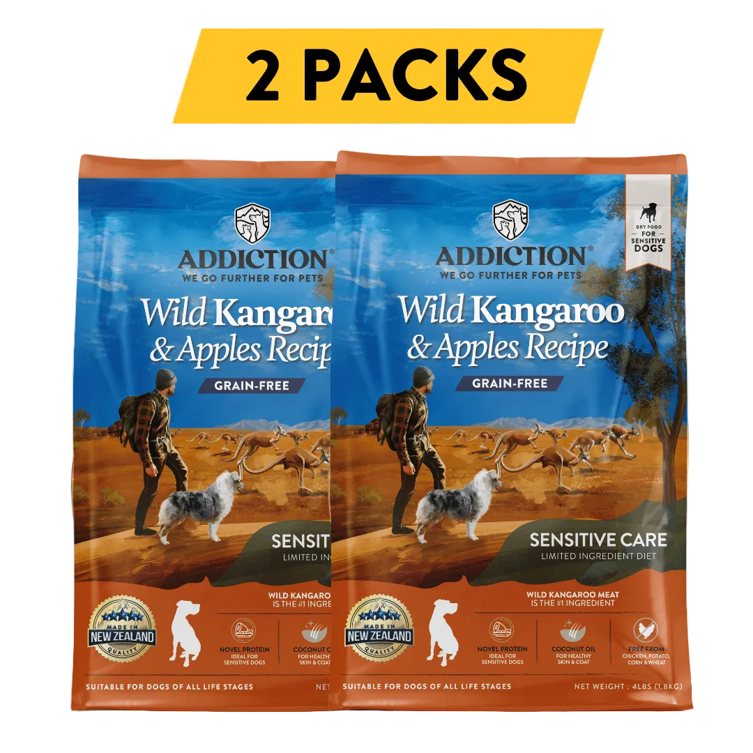 Discover Addiction's Wild Kangaroo & Apples dry dog food. Made with real kangaroo meat, it's high in protein, low in fat, and packed with antioxidants. Grain-free and enriched with coconut oil, it supports your dog's health and vitality. Try it today!