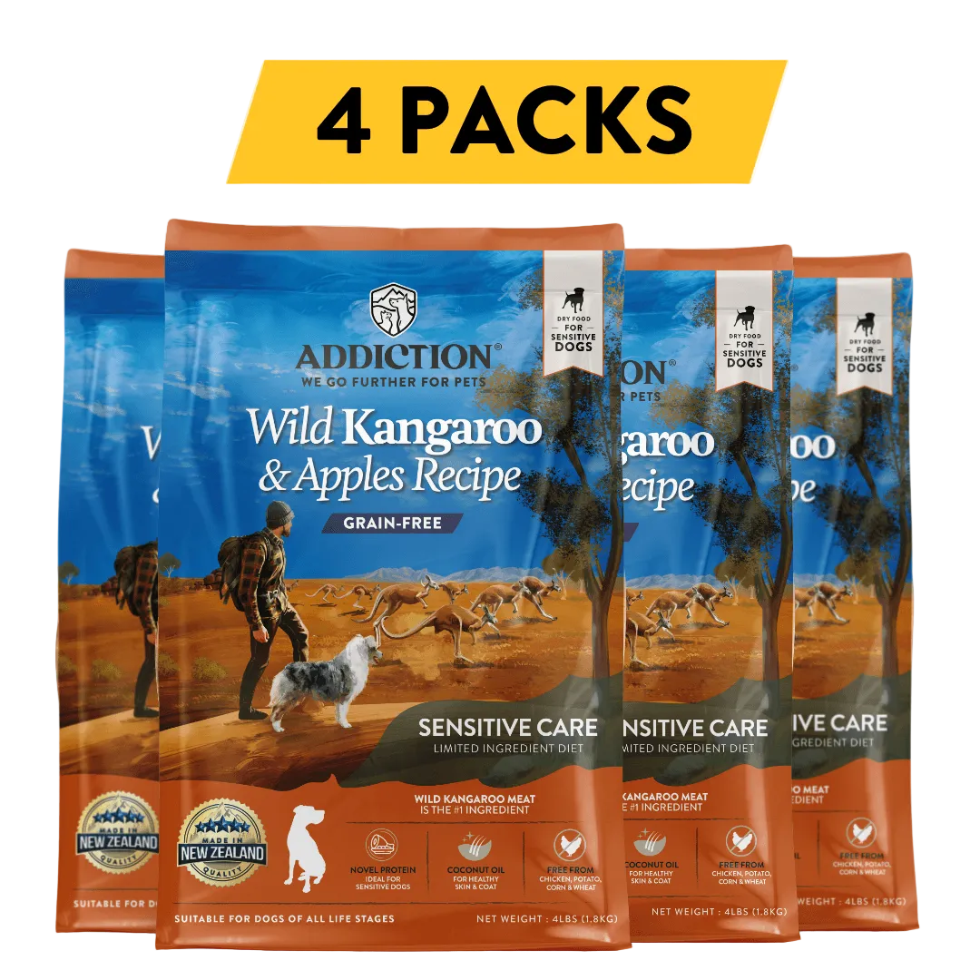 Discover Addiction's Wild Kangaroo & Apples dry dog food. Made with real kangaroo meat, it's high in protein, low in fat, and packed with antioxidants. Grain-free and enriched with coconut oil, it supports your dog's health and vitality. Try it today!