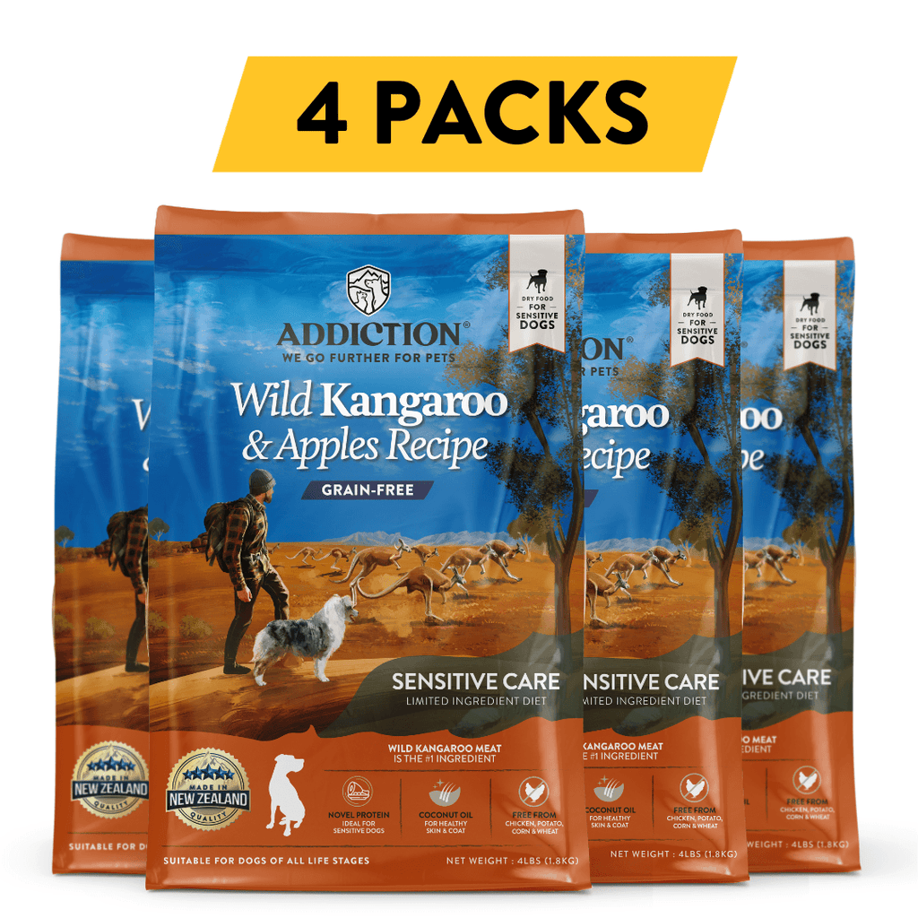 Discover Addiction's Wild Kangaroo & Apples dry dog food. Made with real kangaroo meat, it's high in protein, low in fat, and packed with antioxidants. Grain-free and enriched with coconut oil, it supports your dog's health and vitality. Try it today!