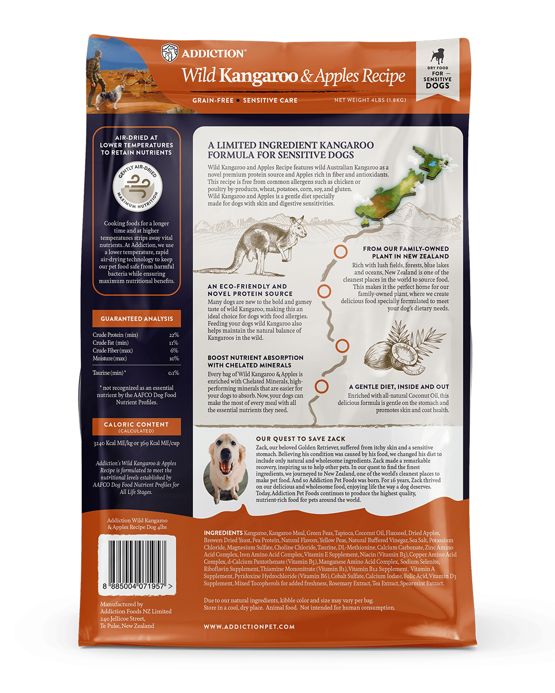 Discover Addiction's Wild Kangaroo & Apples dry dog food. Made with real kangaroo meat, it's high in protein, low in fat, and packed with antioxidants. Grain-free and enriched with coconut oil, it supports your dog's health and vitality. Try it today!